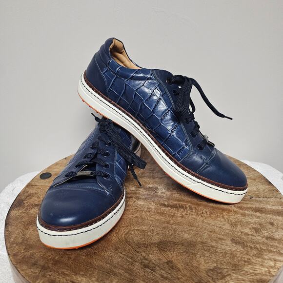 Mens Italian Napa Leather Spikeless Navy Golf Shoe Faux Crocodile Preppy Size 10